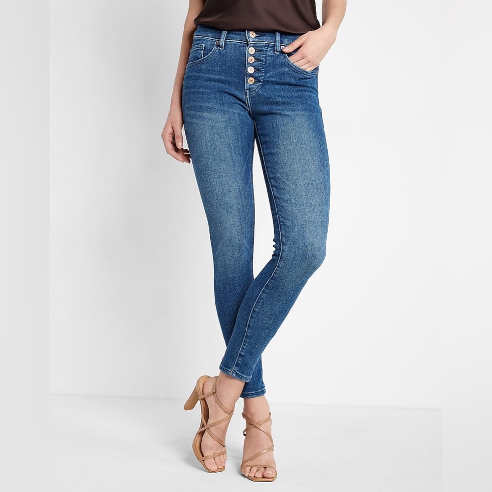 Express Mid Rise Medium Wash Button Fly Skinny Jeans